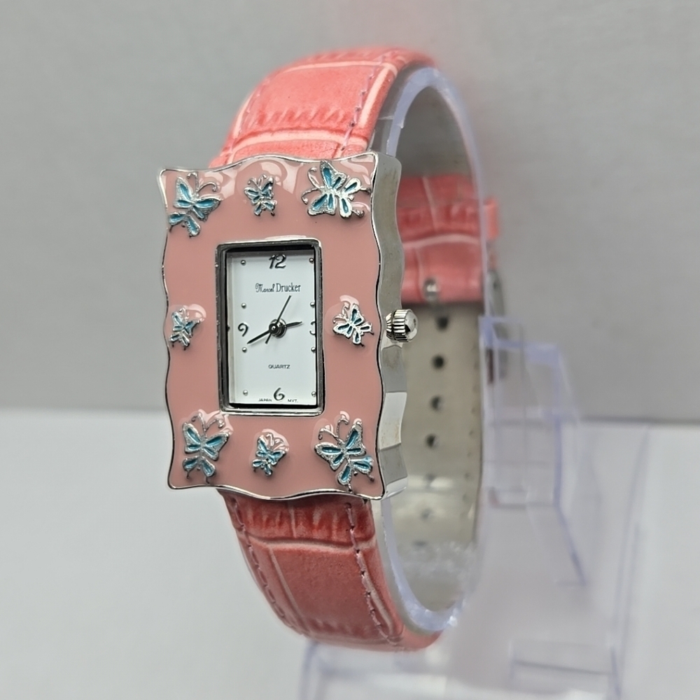 Womens Marcel Drucker Silver Tone Pink Enamel Blue Butterflies Watch New Battery - Picture 2 of 11